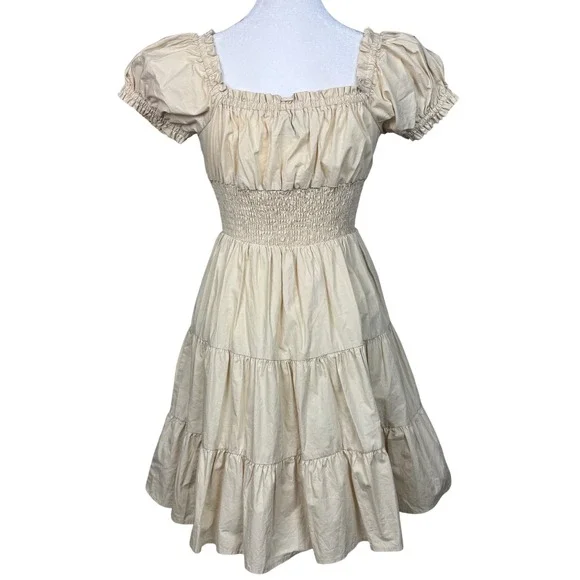Princess Polly Mini Dress Womens 4 Cream Smocked Tiered Puff Sleeve Cottagecore - Picture 2 of 8